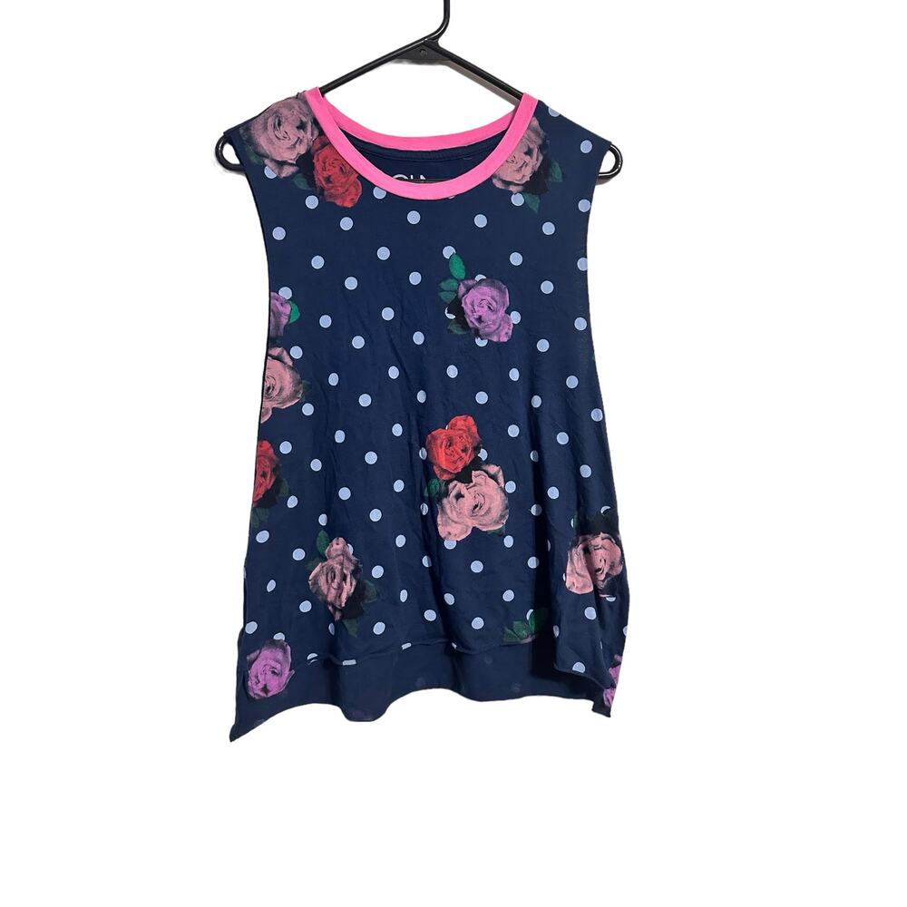 Chaser Navy Blue Polka Dot Floral Women's Sleeveless Top Size Medium